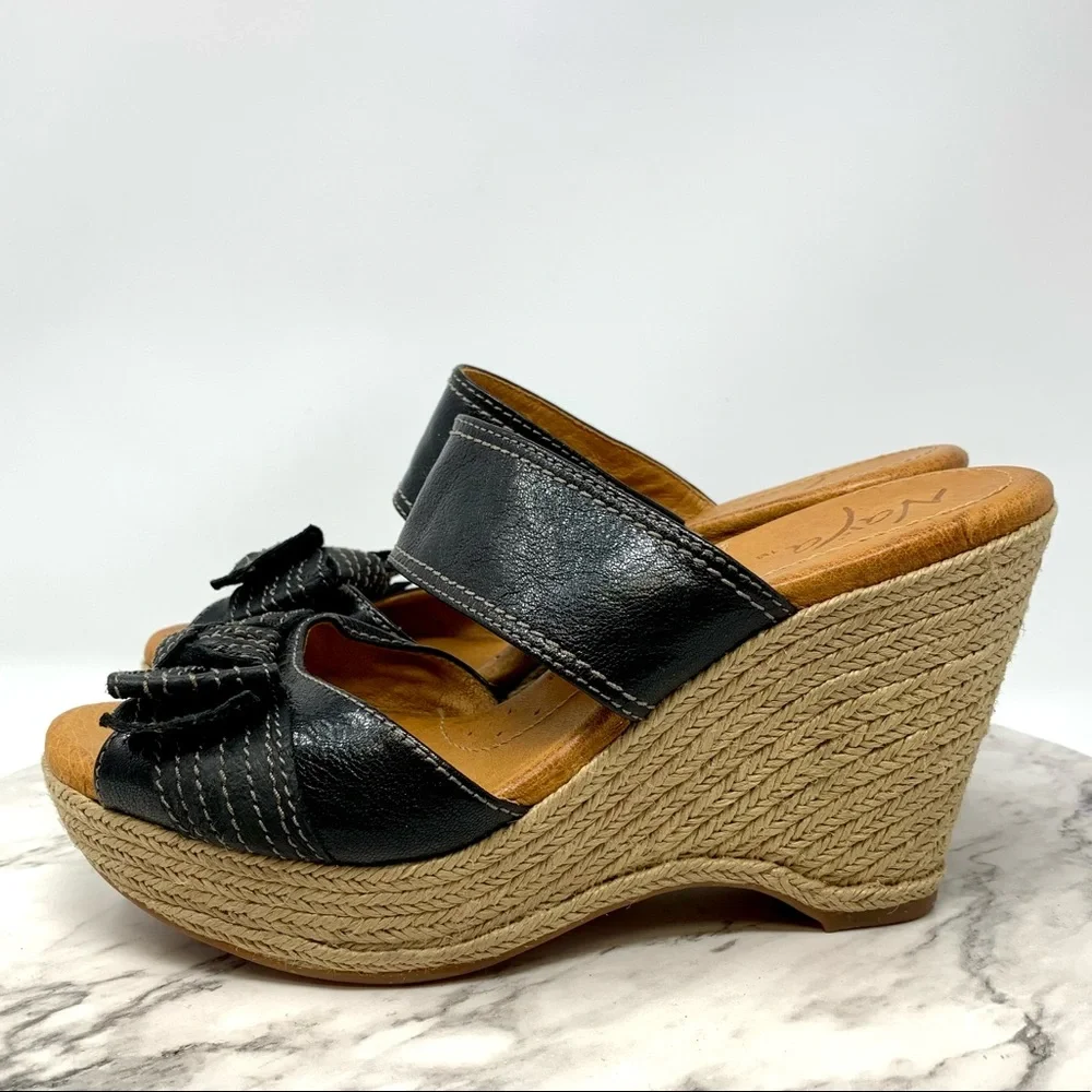 Naya Colette Bow Detail Black Leather Chunky Wedges 8.5 Feminine Resortwear Chic